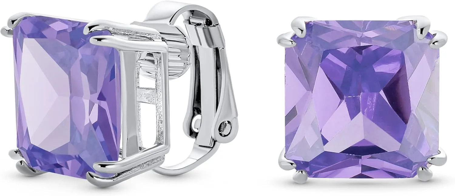 Traditional Classic Large Statement 5CT Square Princess Cut AAA CZ Solitaire Clip On Stud Earrings For Women Silver Plated Non Pierced Simulated Gemstone Jewel Colors 12MM