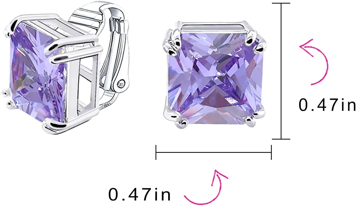 Traditional Classic Large Statement 5CT Square Princess Cut AAA CZ Solitaire Clip On Stud Earrings For Women Silver Plated Non Pierced Simulated Gemstone Jewel Colors 12MM