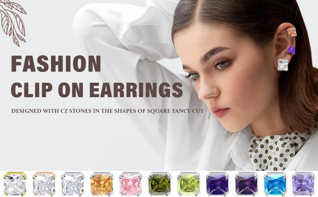 Traditional Classic Large Statement 5CT Square Princess Cut AAA CZ Solitaire Clip On Stud Earrings For Women Silver Plated Non Pierced Simulated Gemstone Jewel Colors 12MM