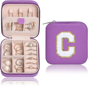 Travel Jewelry Case Organizer With Initial Box - Cute Personalized Gifts for Women, Little Girls, Teens - Small Purple Organizer for Rings, Necklaces, Earrings - C