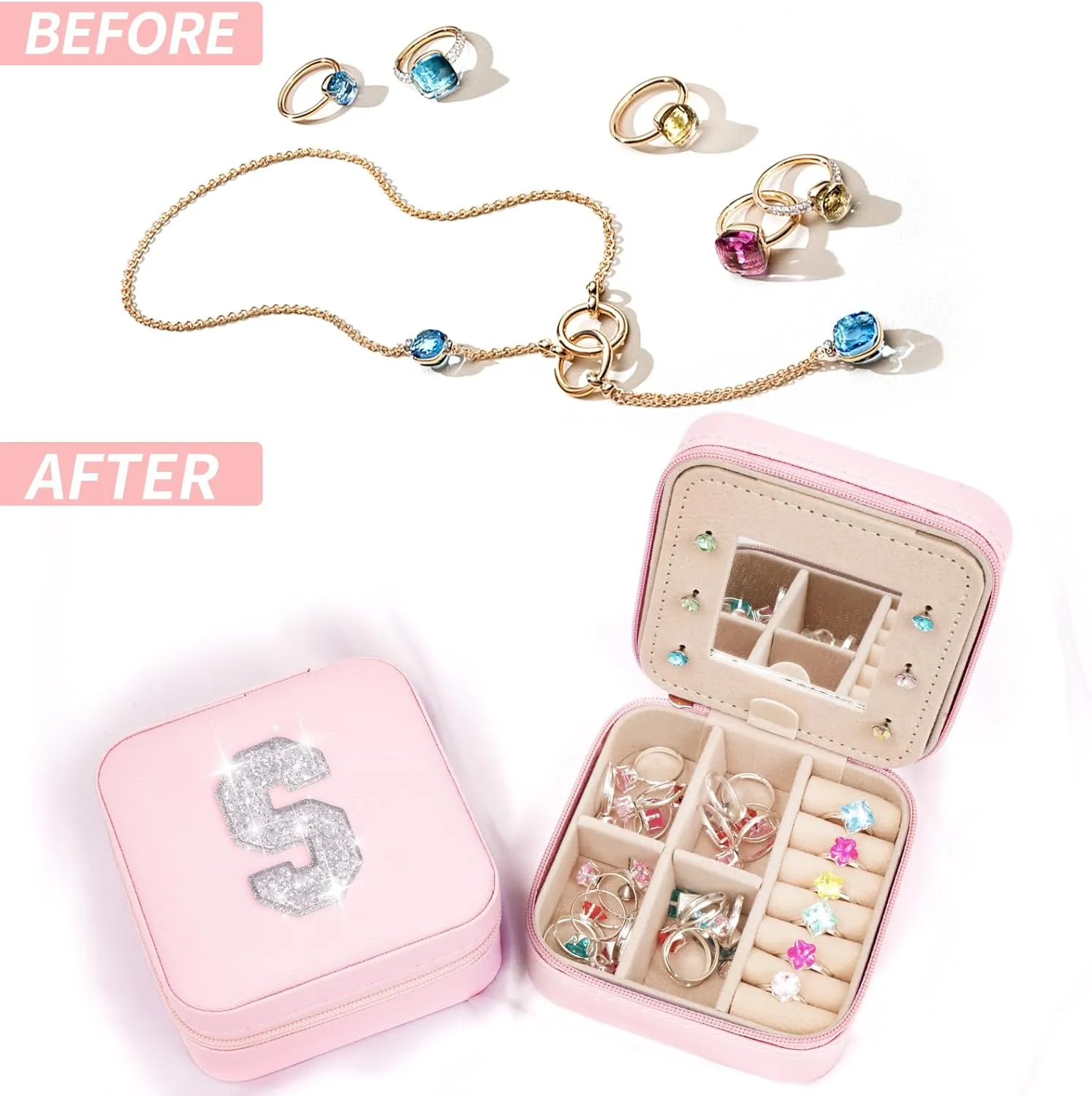 Travel Jewelry Case - Personalized Jewelry Box for Girl,Small Cute Jewelry Organizers and Storage Aesthetic,Travel Essentials Gifts for Girls Women - Pink Box | White S