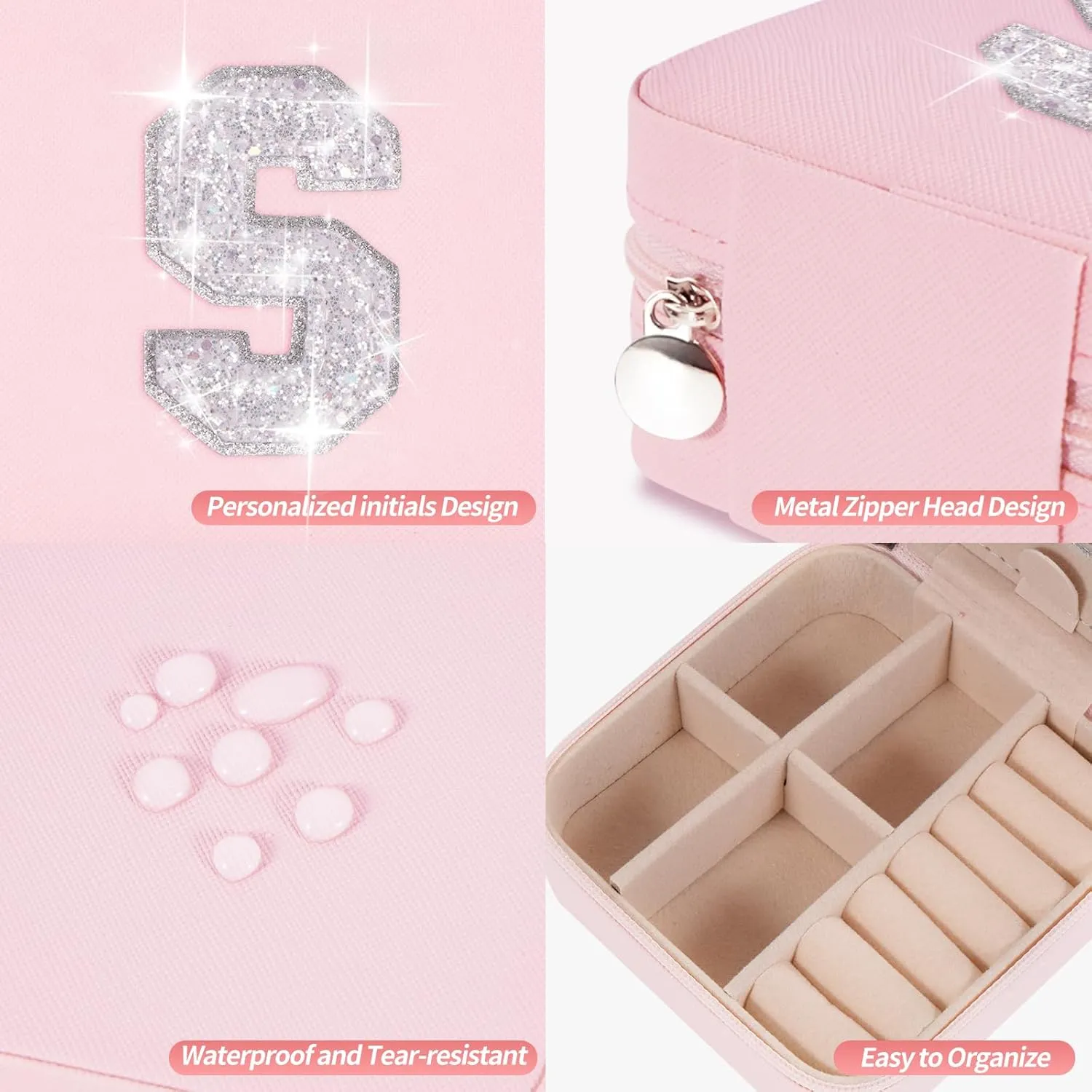 Travel Jewelry Case - Personalized Jewelry Box for Girl,Small Cute Jewelry Organizers and Storage Aesthetic,Travel Essentials Gifts for Girls Women - Pink Box | White S