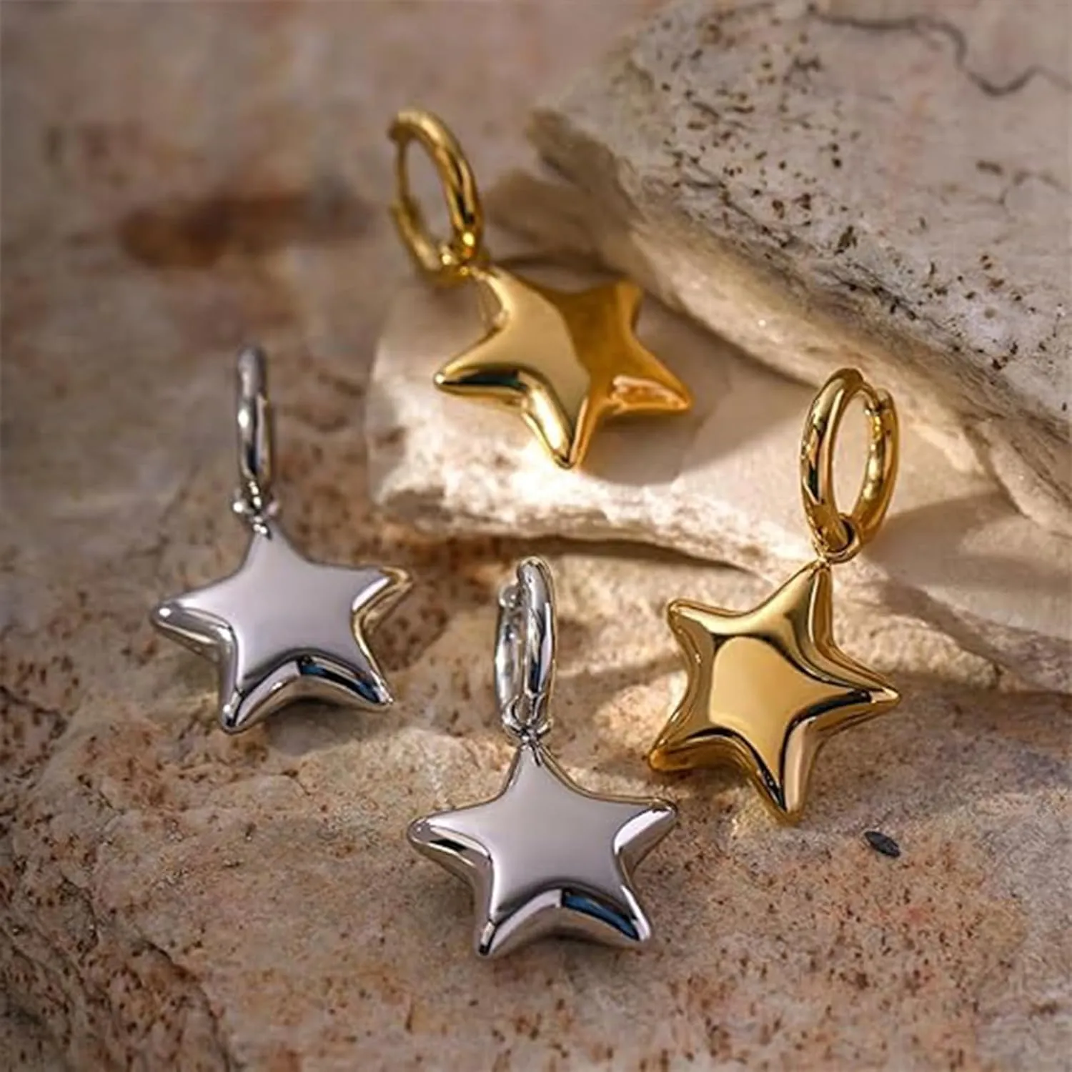 Trendy Star Earrings for Women, Y2K Silver Hoop Dangle Earrings, Puffy Star Drop Earrings, Cute Star Jewelry for WomenEveryday Prom Fashion Holiday Jewelry Gift.