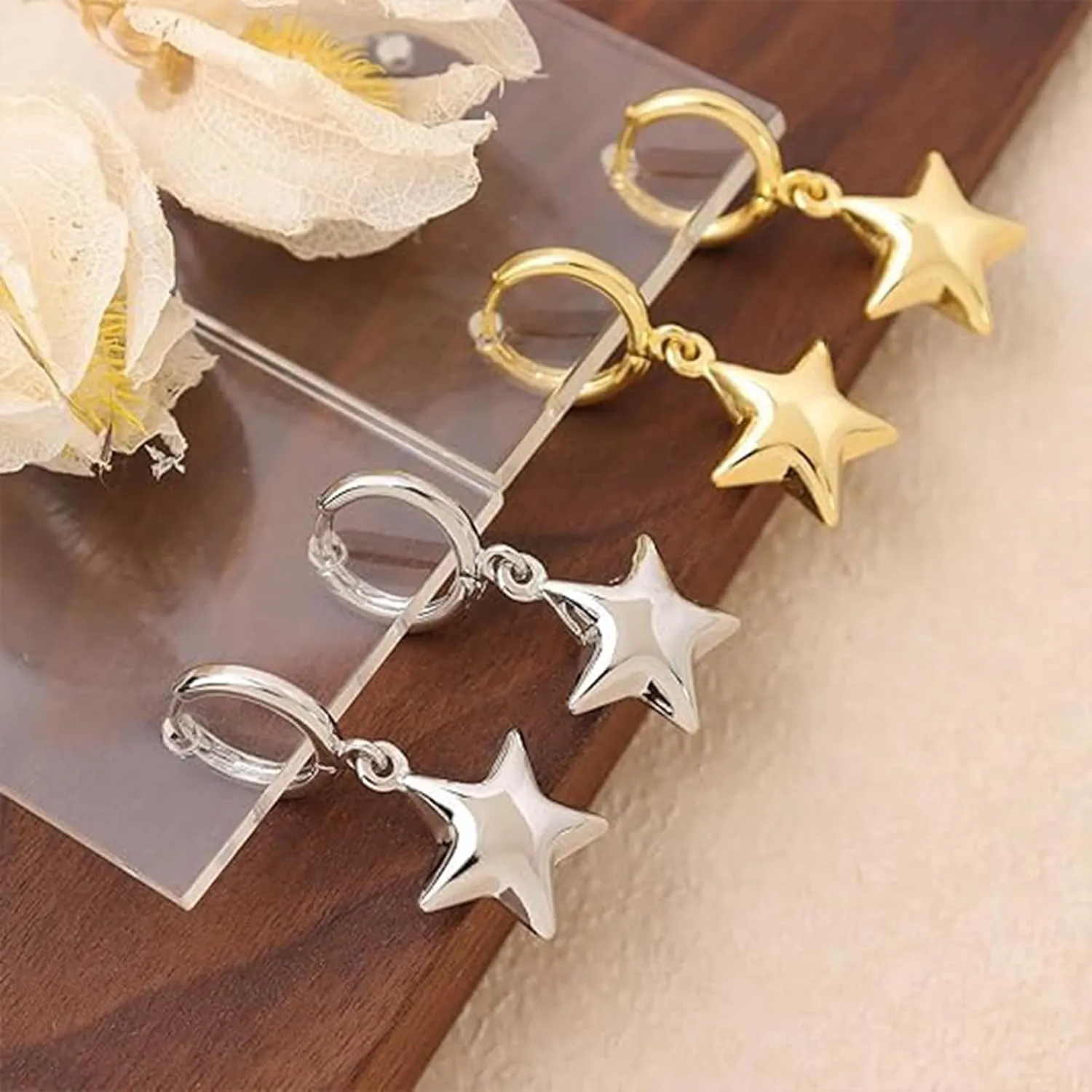 Trendy Star Earrings for Women, Y2K Silver Hoop Dangle Earrings, Puffy Star Drop Earrings, Cute Star Jewelry for WomenEveryday Prom Fashion Holiday Jewelry Gift.