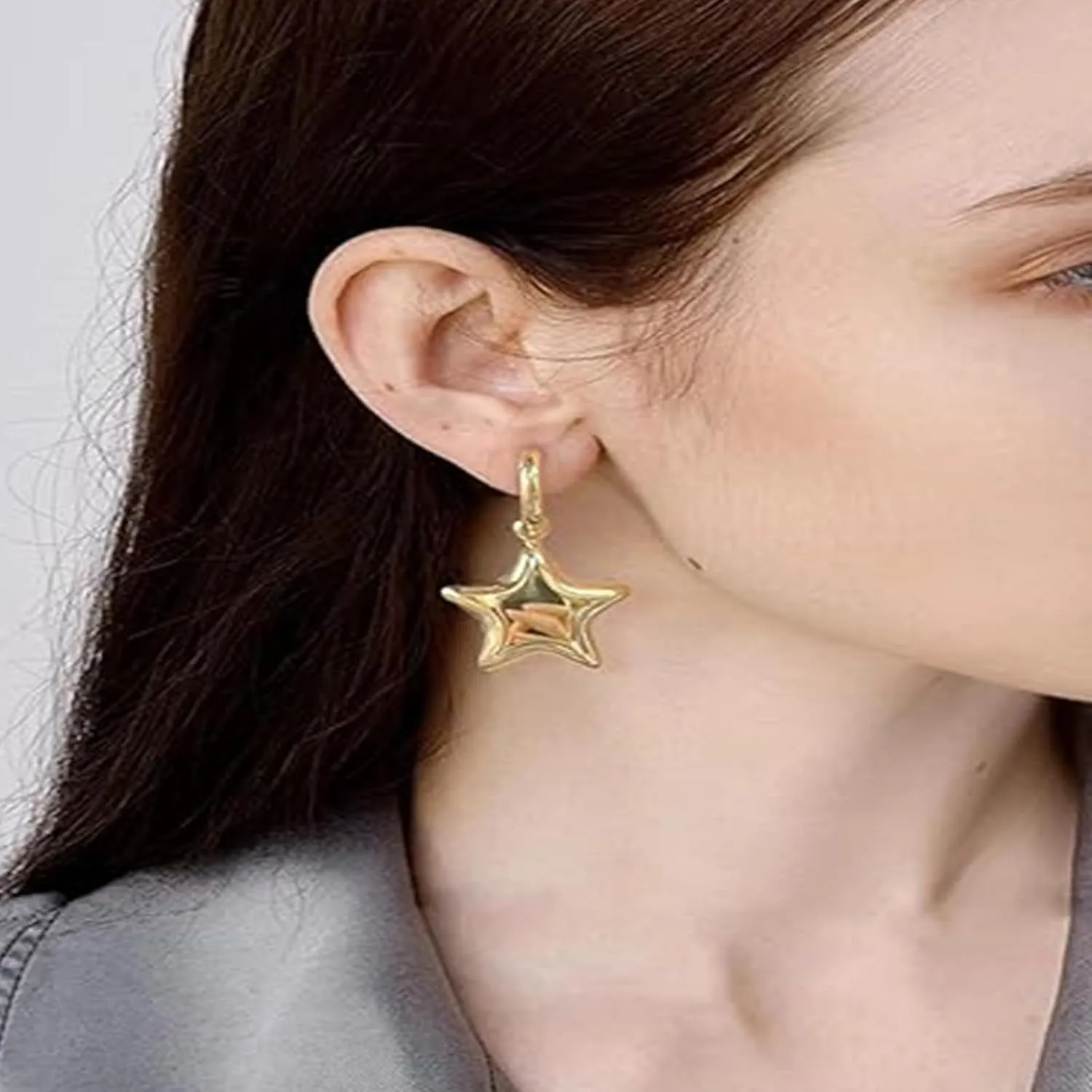 Trendy Star Earrings for Women, Y2K Silver Hoop Dangle Earrings, Puffy Star Drop Earrings, Cute Star Jewelry for WomenEveryday Prom Fashion Holiday Jewelry Gift.