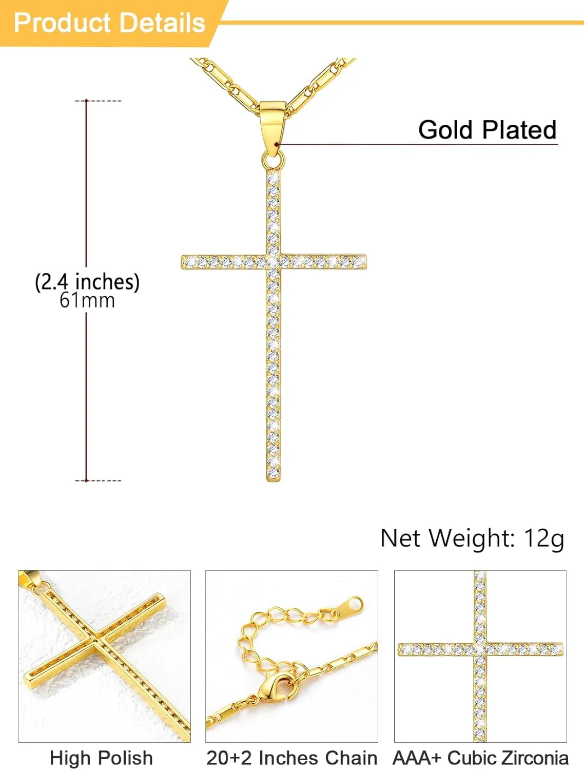 U7 Simple Cross Necklace for Men Women, Stainless Steel Silver Black Gold Latin Cross Pendant Necklaces, Custom Engravable, Length 22-24 Inches