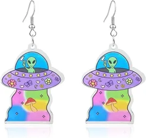 UFO Aliens Earrings for Women Fun Cute UFO Space Dangle Earrings Novelty Weird Acrylic Aliens Statement Earrings