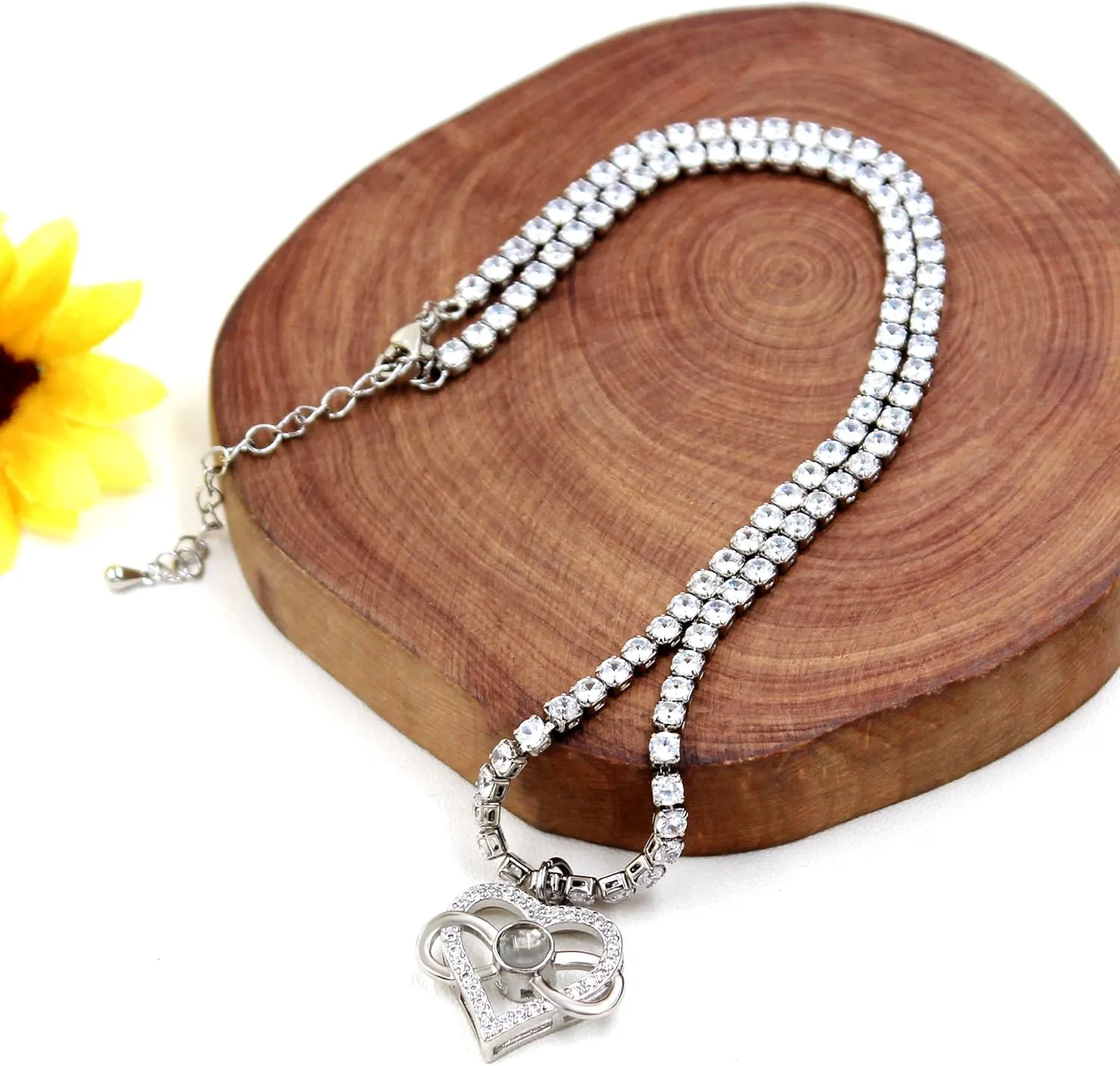 Uloveido 100 Languages I Love You Charms Sparkling Cubic Zirconia Tennis Necklace Fake Diamond Chain Choker Necklaces for Women 13/14/ 16 Inches