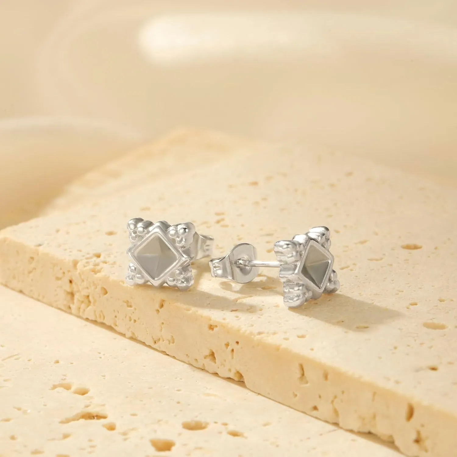Unisex Geometric Square Stud Earrings, Stainless Steel Minimalist Faceted Design