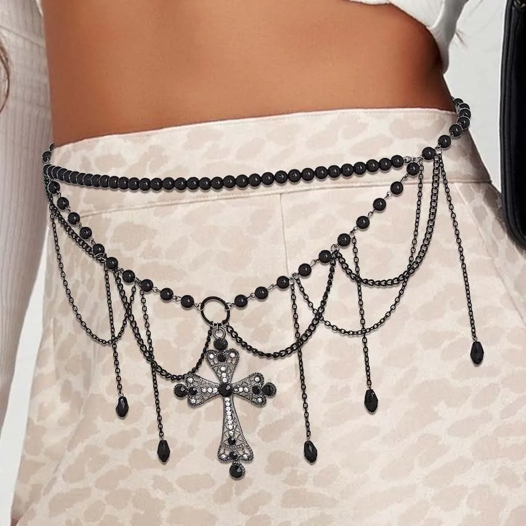 Urieo Pearl Waist Chain Belt Tassel Crucifix Silver Belly Chains Crystal Adjustable Bikini Party Dress Body Jewelry for Women