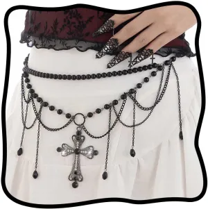 Urieo Pearl Waist Chain Belt Tassel Crucifix Silver Belly Chains Crystal Adjustable Bikini Party Dress Body Jewelry for Women