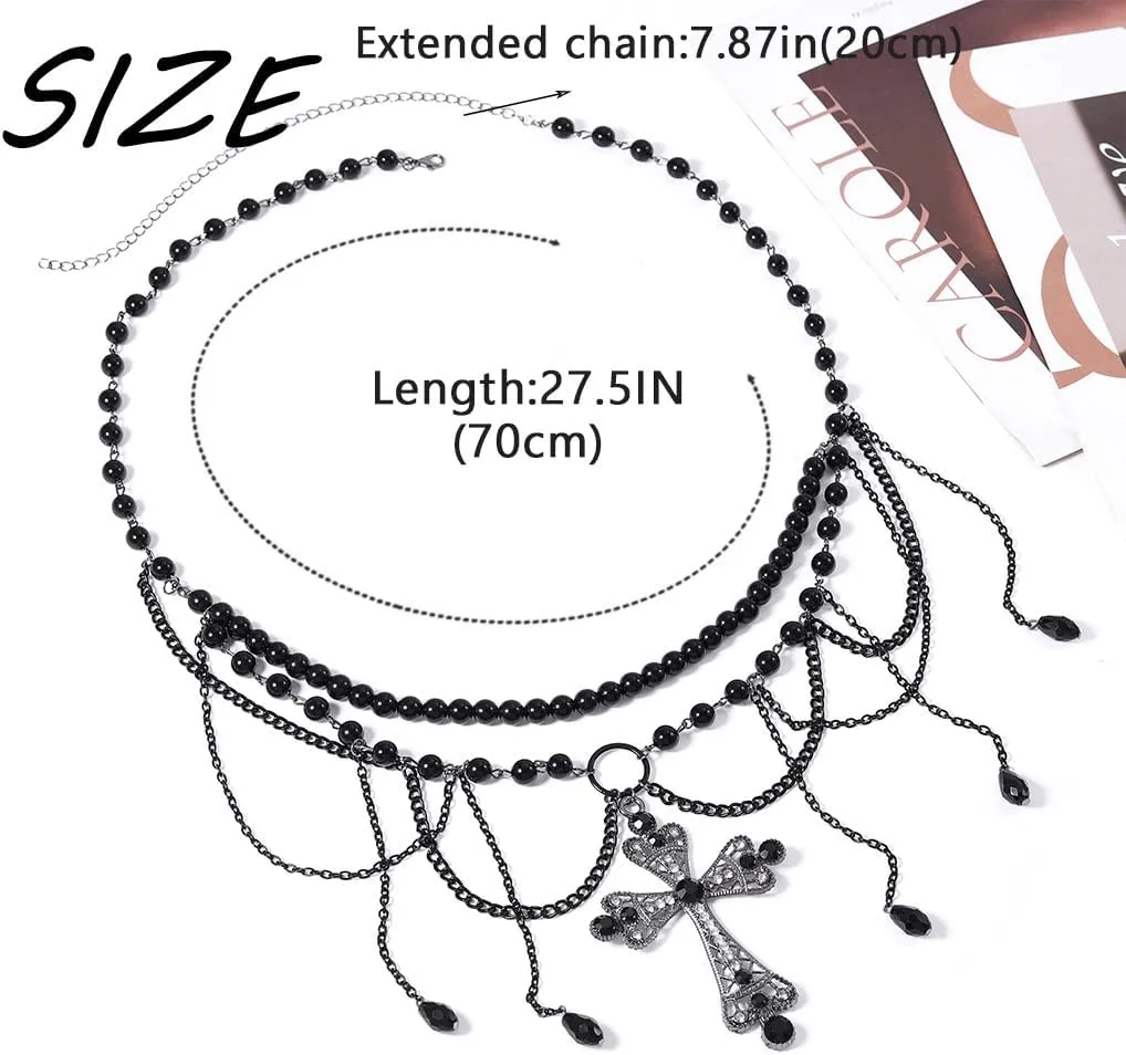Urieo Pearl Waist Chain Belt Tassel Crucifix Silver Belly Chains Crystal Adjustable Bikini Party Dress Body Jewelry for Women