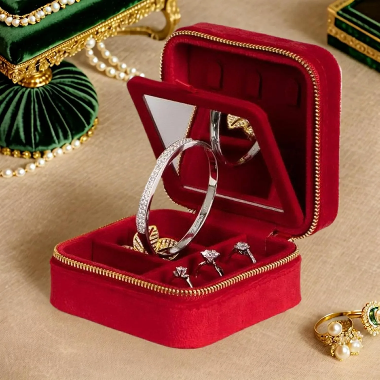 Velvet Jewelry Box, Small Travel Jewelry Organizer, Portable Jewelry Case for Women with Mirror, Red Mini Plush Travel Box