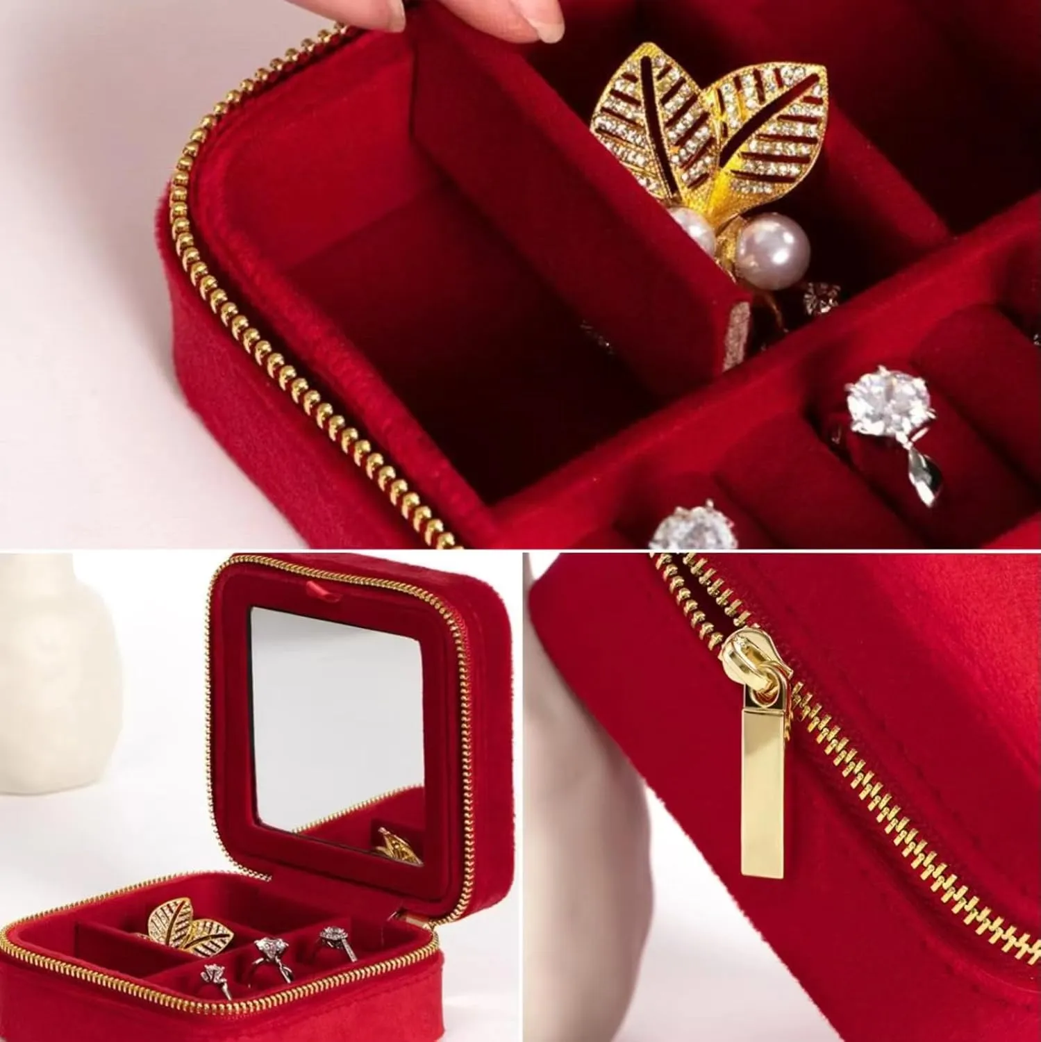 Velvet Jewelry Box, Small Travel Jewelry Organizer, Portable Jewelry Case for Women with Mirror, Red Mini Plush Travel Box