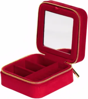 Velvet Jewelry Box, Small Travel Jewelry Organizer, Portable Jewelry Case for Women with Mirror, Red Mini Plush Travel Box