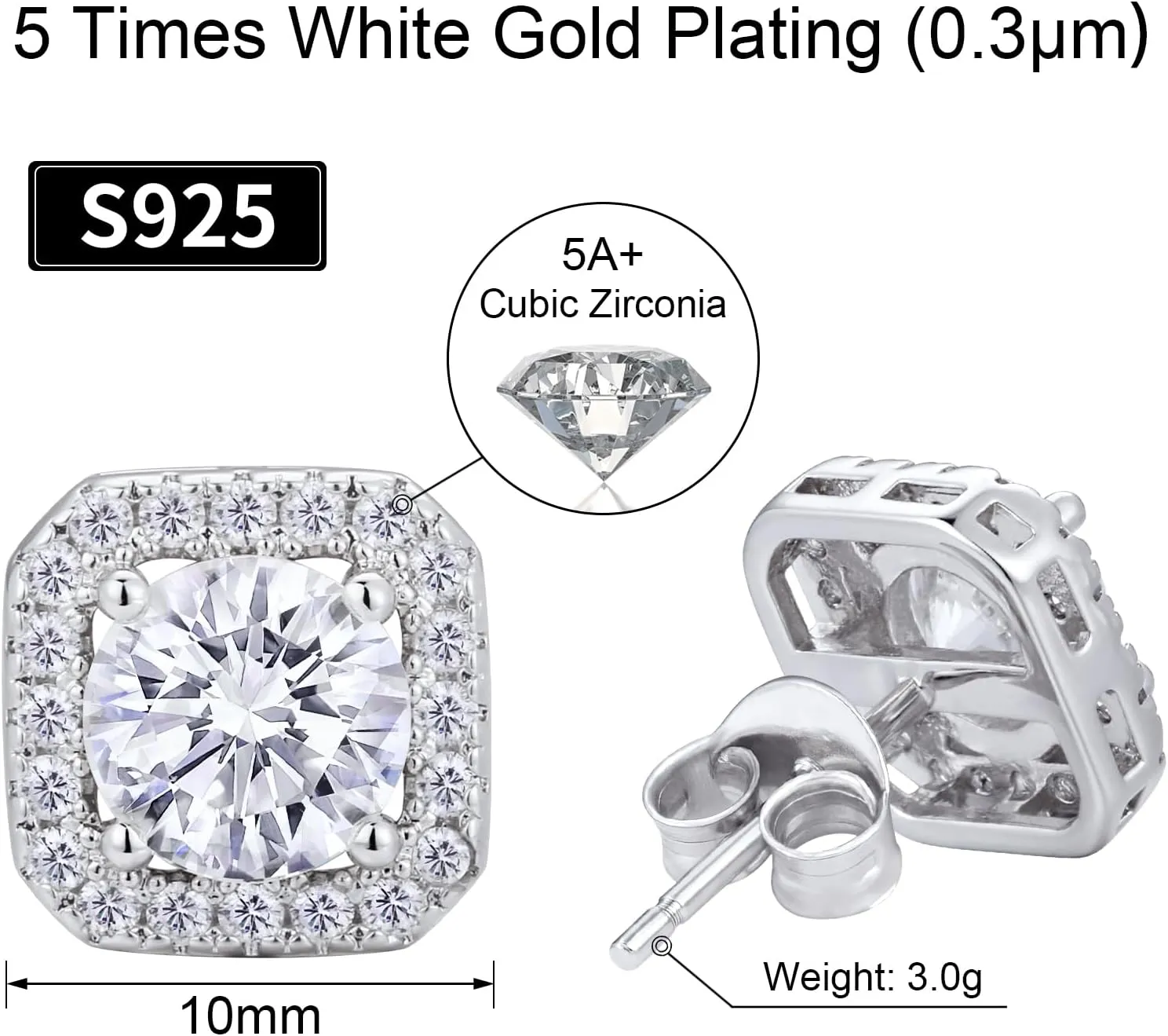 VEXXS Diamond Stud Earrings for Men, S925 Sterling Silver 14K Real Gold Plated Iced Out Earrings Micro Pave 5A CZ Stones Mens Studs, Hypoallergenic