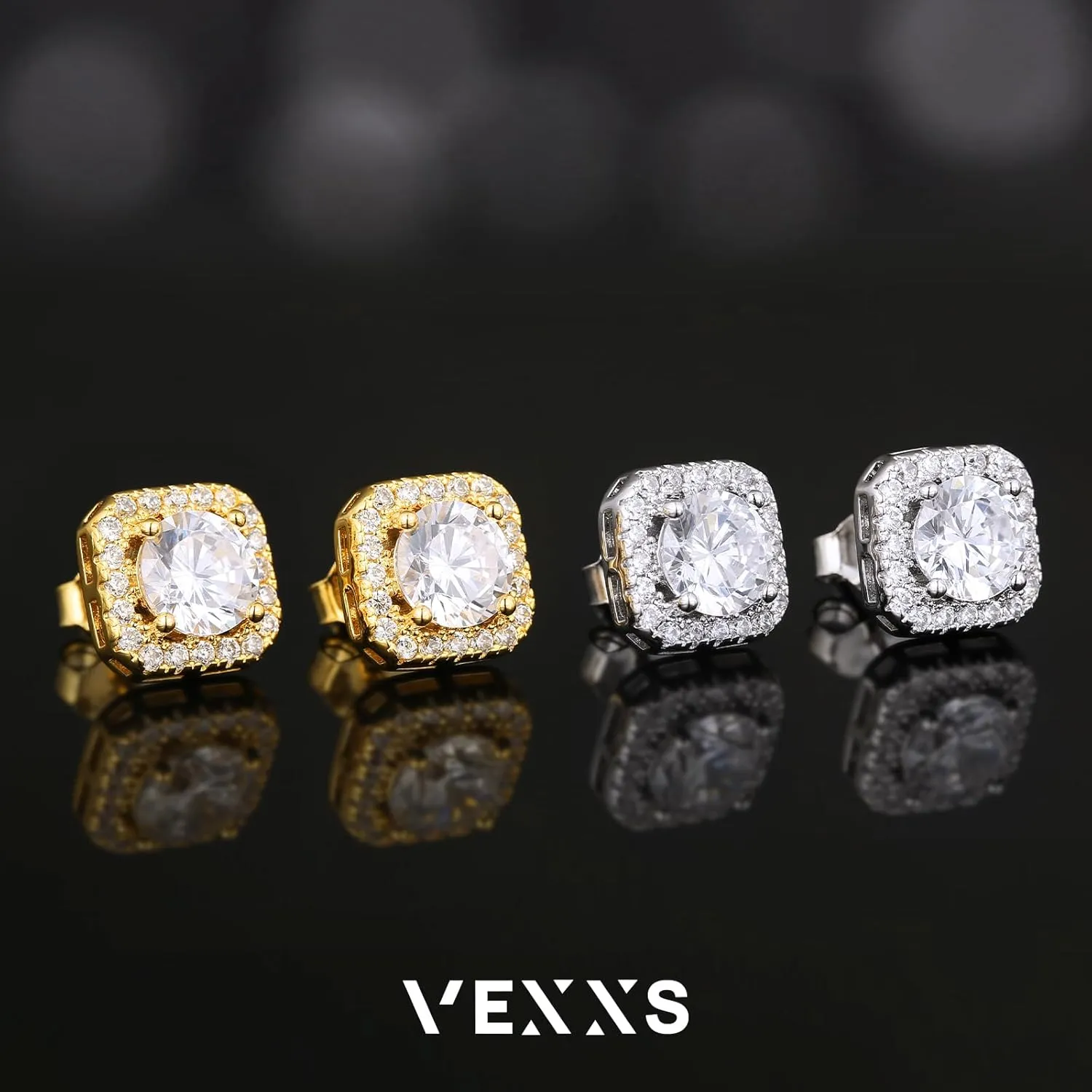 VEXXS Diamond Stud Earrings for Men, S925 Sterling Silver 14K Real Gold Plated Iced Out Earrings Micro Pave 5A CZ Stones Mens Studs, Hypoallergenic