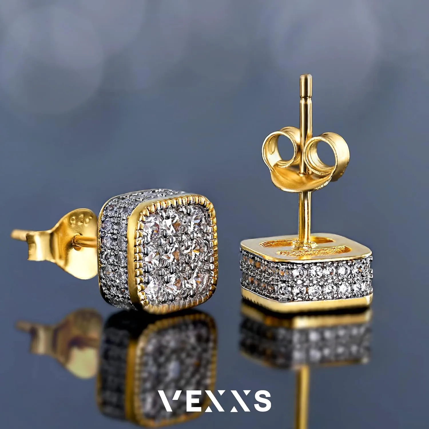 VEXXS S925 Diamond Stud Earrings for Men, 14K Real Gold Plated 5A CZ Stones Iced Out Earrings 925 Sterling Silver Studs for Men Women Hypoallergenic Earrings