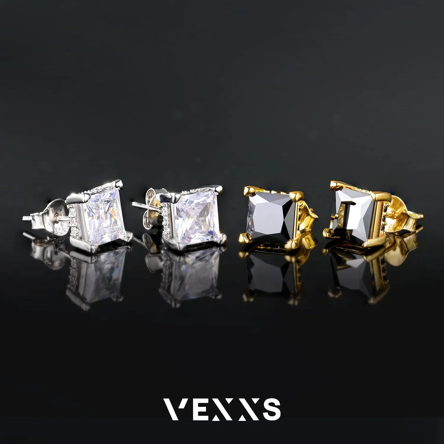 VEXXS S925 Diamond Stud Earrings for Men, 14K Real Gold Plated Iced Out Earrings Micro Pave 5A CZ Stones Mens Studs, 925 Sterling Silver Earrings, Hypoallergenic Earrings for Men Women Hip Pop Earrings Black Earrings