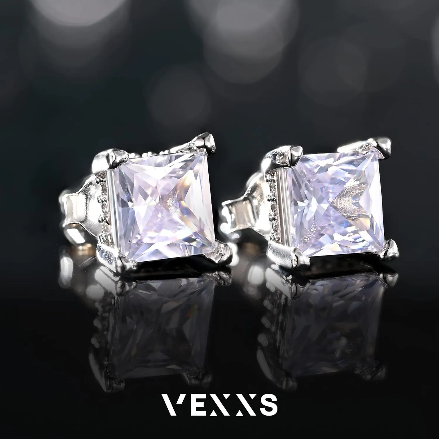 VEXXS S925 Diamond Stud Earrings for Men, 14K Real Gold Plated Iced Out Earrings Micro Pave 5A CZ Stones Mens Studs, 925 Sterling Silver Earrings, Hypoallergenic Earrings for Men Women Hip Pop Earrings Black Earrings
