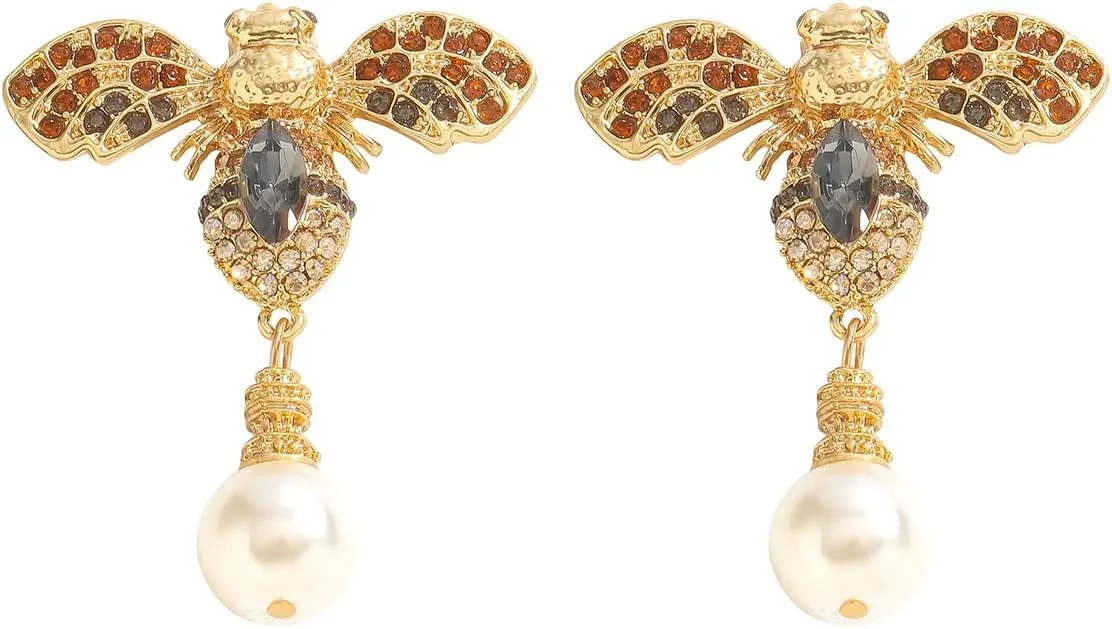 Vintage Alloy Bee Pearl Drop Earrings for Women, Rhinestone Bee Dangle Earrings, Hypoallergenic Trendy Jewelry Gifts