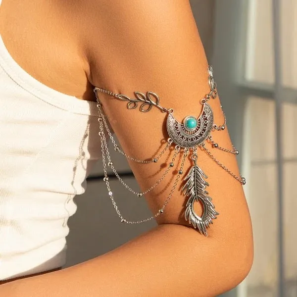 Vintage Boho Feather Leaves Tassel Arm Bracelet