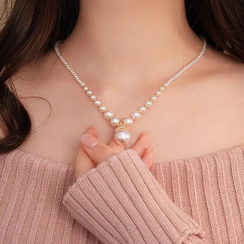 Vintage Elegant Zirconia Imitation Pearl Necklace & Earrings, Adjustable Purple/White Jewelry Gift for Women