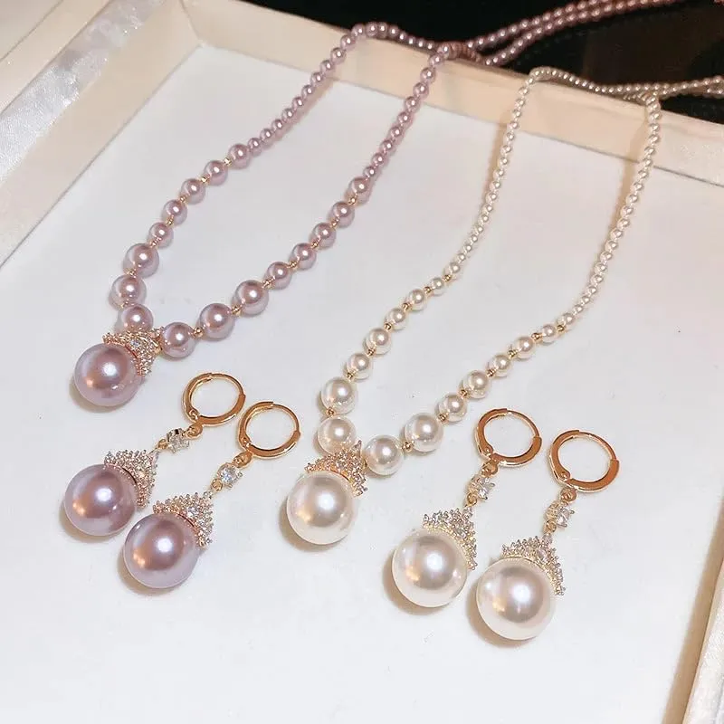 Vintage Elegant Zirconia Imitation Pearl Necklace & Earrings, Adjustable Purple/White Jewelry Gift for Women