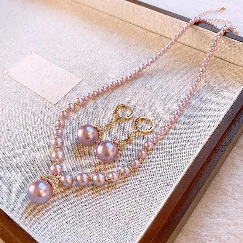 Vintage Elegant Zirconia Imitation Pearl Necklace & Earrings, Adjustable Purple/White Jewelry Gift for Women