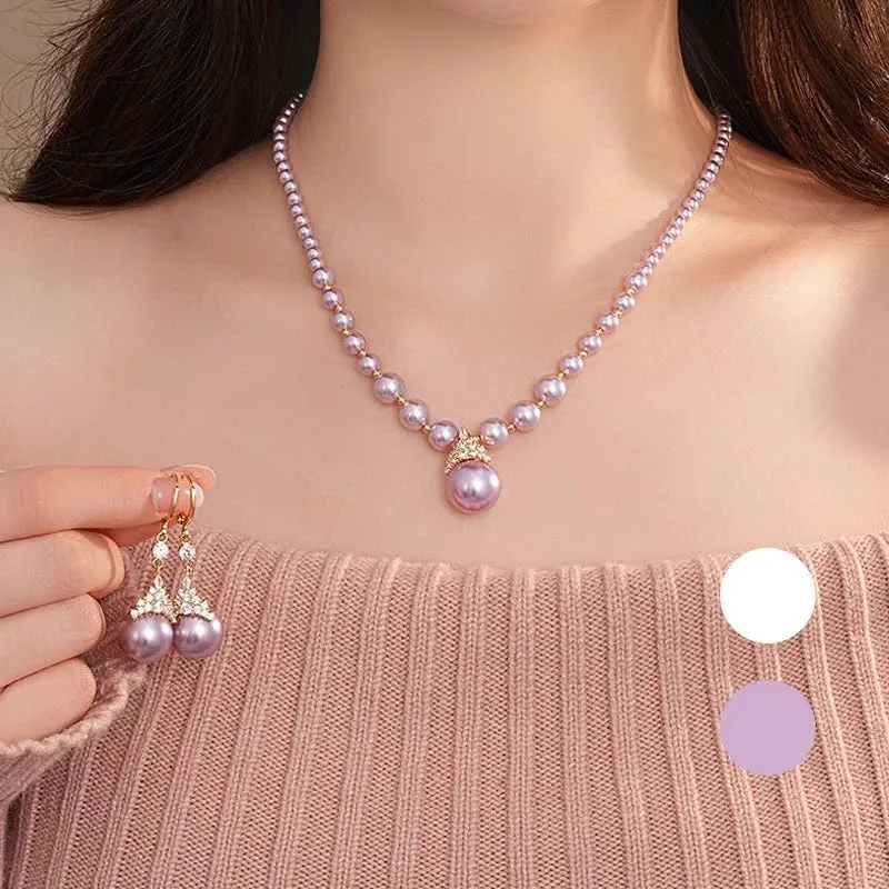 Vintage Elegant Zirconia Imitation Pearl Necklace & Earrings, Adjustable Purple/White Jewelry Gift for Women