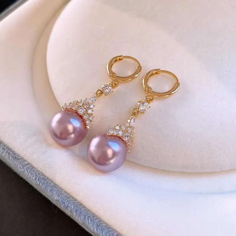Vintage Elegant Zirconia Imitation Pearl Necklace & Earrings, Adjustable Purple/White Jewelry Gift for Women