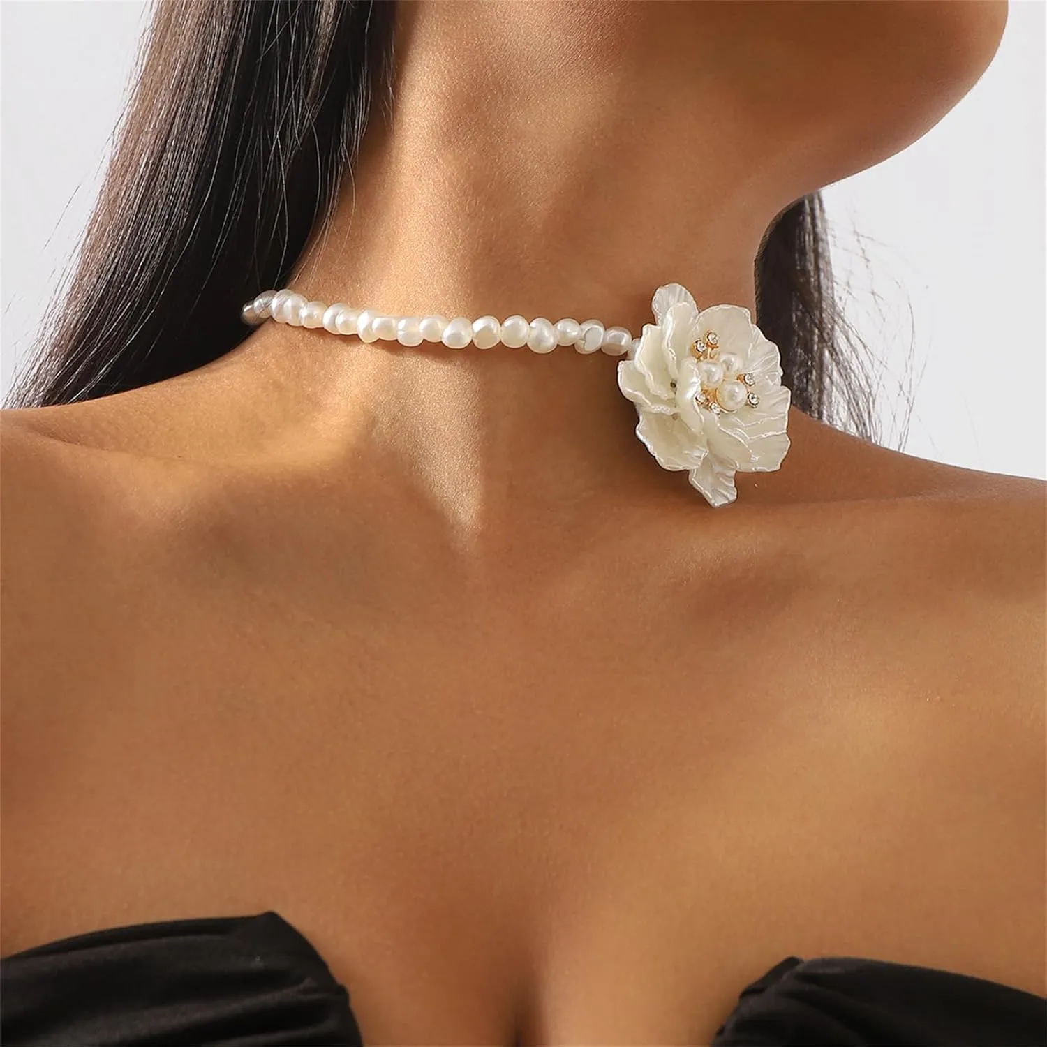 Vintage Flower Pearl Necklaces Earrings,French Camellia Charm Short Clavicle Chains White Rose Choker Fashion Statement Spring Summer Necklace Earrings Jewelry for Women