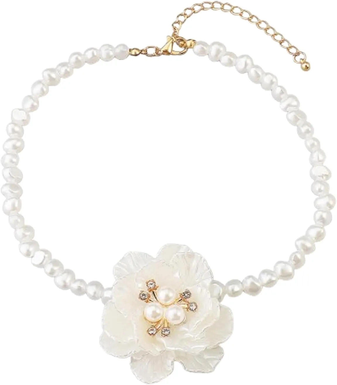 Vintage Flower Pearl Necklaces Earrings,French Camellia Charm Short Clavicle Chains White Rose Choker Fashion Statement Spring Summer Necklace Earrings Jewelry for Women