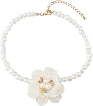 Vintage Flower Pearl Necklaces Earrings,French Camellia Charm Short Clavicle Chains White Rose Choker Fashion Statement Spring Summer Necklace Earrings Jewelry for Women