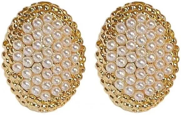Vintage Gold Pearl Stud Earrings for Women 18K gold plated  Elegant Oval Cluster Earrings with Textured Gold Finish  Classic Statement Jewelry for Weddings & Special Occasions