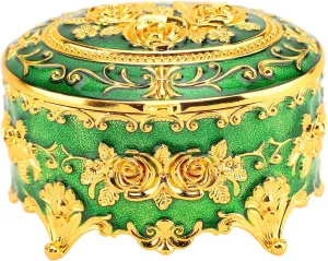 Vintage Metal Jewelry Box - Vintage Style Round Gold Jewelry Box Small Earrings Necklace Storage Box Jewelry Vintage Round Decorative for Necklace Earring (Gold Green)