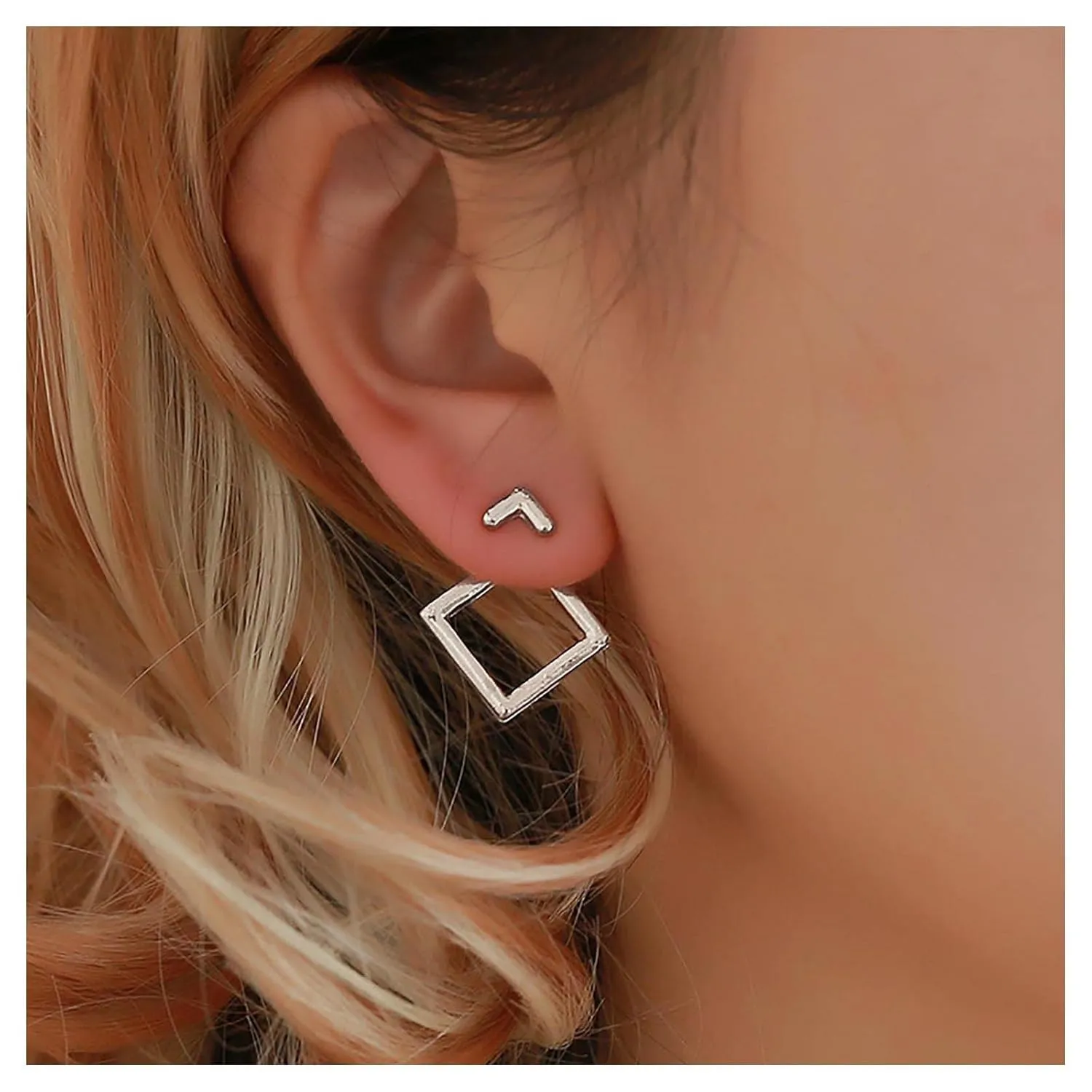 Vintage Square Ear Jacket Earrings Geometric Square Earrings Hollow Square Stud Earrings Silver Front Back Earrings Jewelry