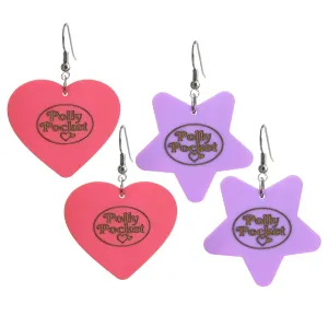 Vintage Style Pocket Compact Toy Shape Pink Heart Or Purple Star Shaped Toy Big Dangle Earrings Jewelry