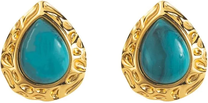Vintage Teardrop Turquoise Stud Earrings for Women Stainless Steel Hypoallergenic Gold Plated Studs Earring Elegant Birthday Wedding Party Jewelry Gifts