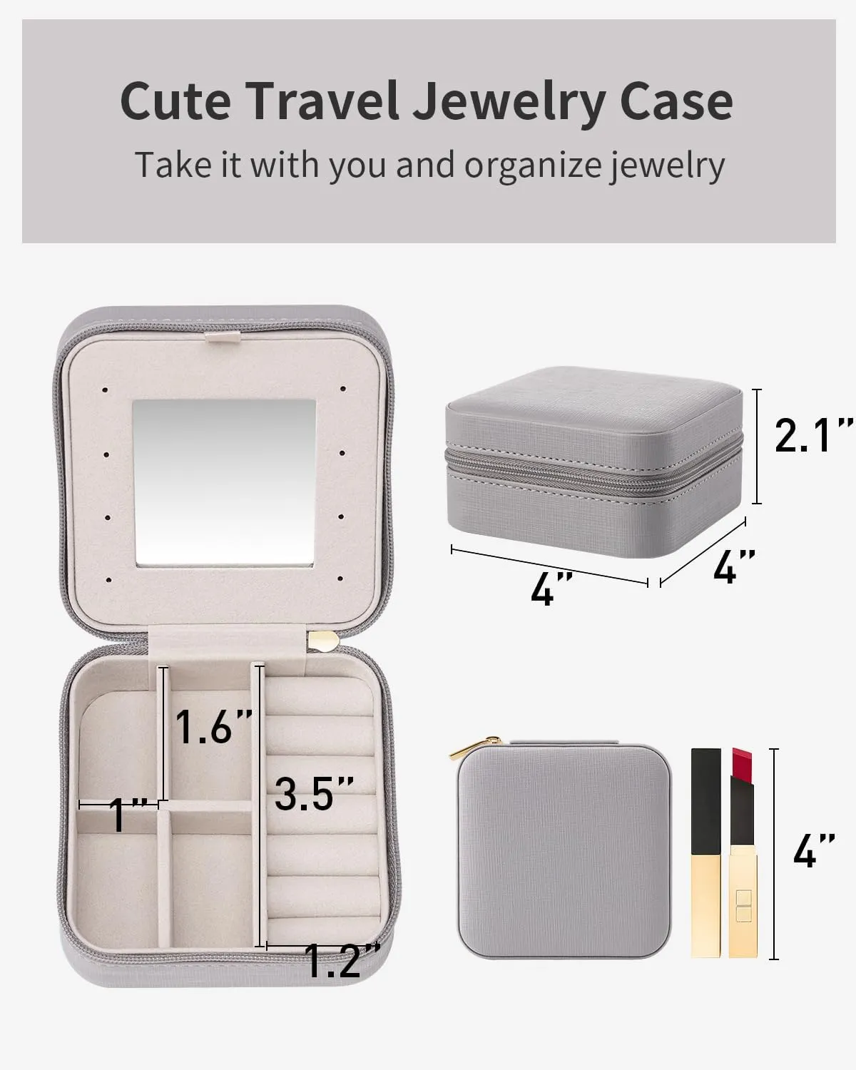 Vlando Small Travel Jewelry Box Organizer - Display Case for Girls Women Gift Rings Earrings Necklaces Storage with Mirror Grey