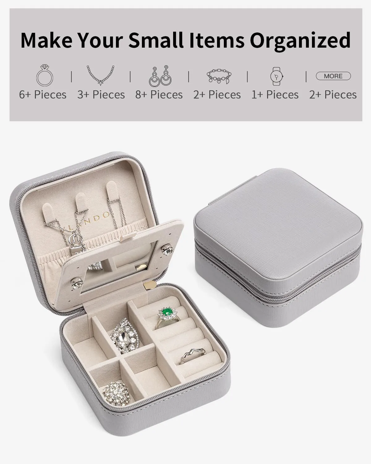 Vlando Small Travel Jewelry Box Organizer - Display Case for Girls Women Gift Rings Earrings Necklaces Storage with Mirror Grey