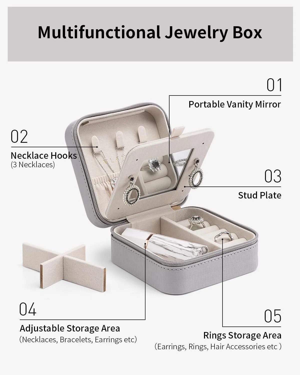Vlando Small Travel Jewelry Box Organizer - Display Case for Girls Women Gift Rings Earrings Necklaces Storage with Mirror Grey