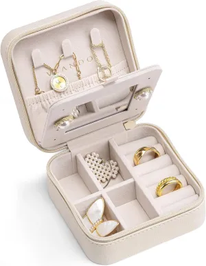 Vlando Small Travel Jewelry Box Organizer - Display Case for Girls Women Gift Rings Earrings Necklaces Storage with Mirror Milky White