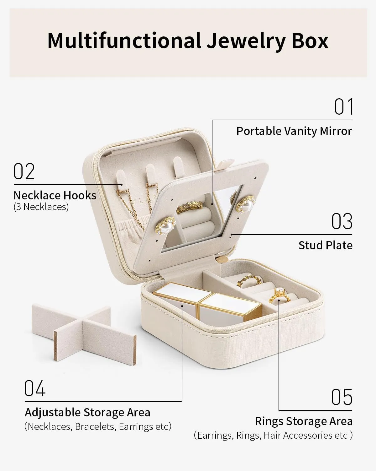 Vlando Small Travel Jewelry Box Organizer - Display Case for Girls Women Gift Rings Earrings Necklaces Storage with Mirror Milky White