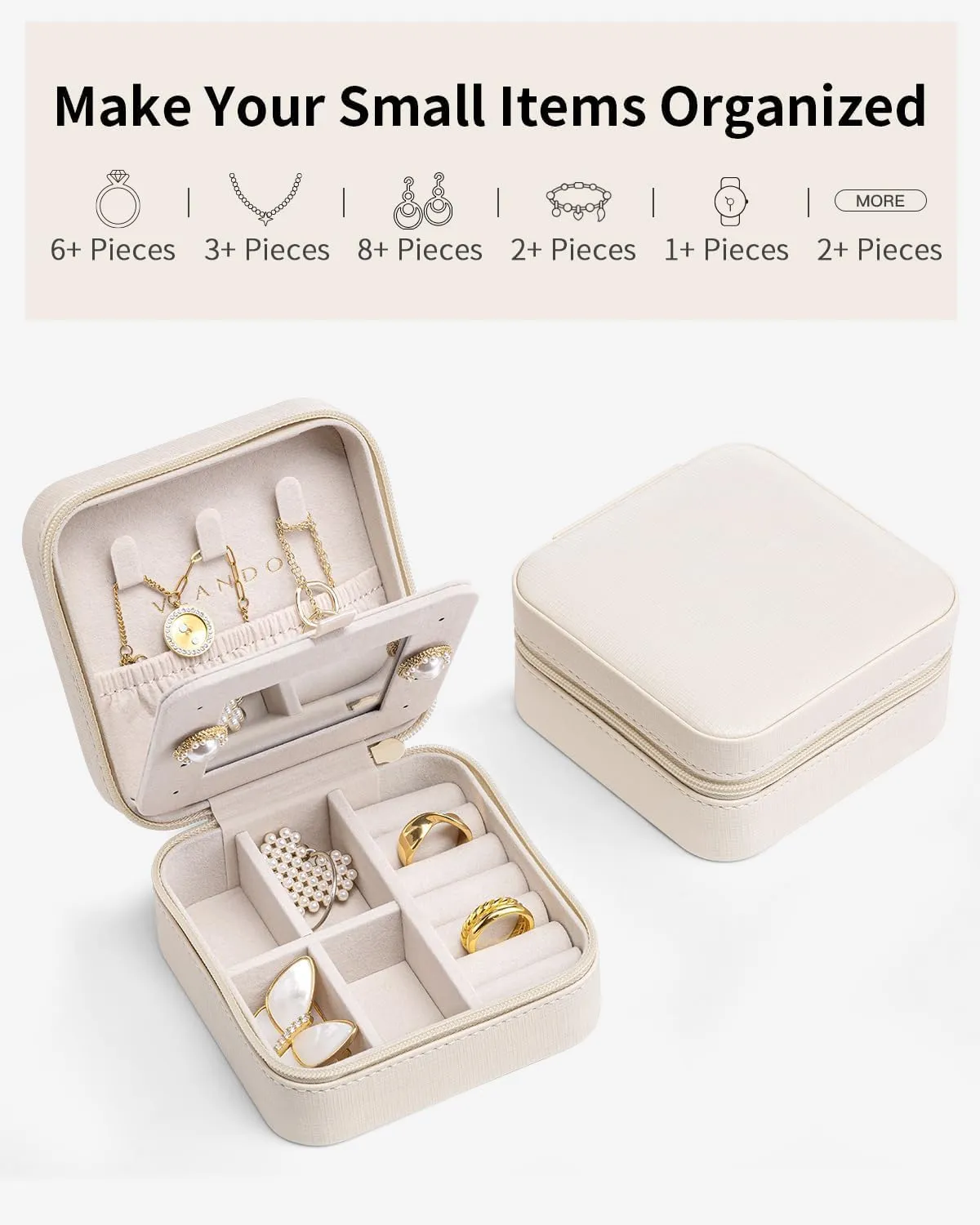 Vlando Small Travel Jewelry Box Organizer - Display Case for Girls Women Gift Rings Earrings Necklaces Storage with Mirror Milky White