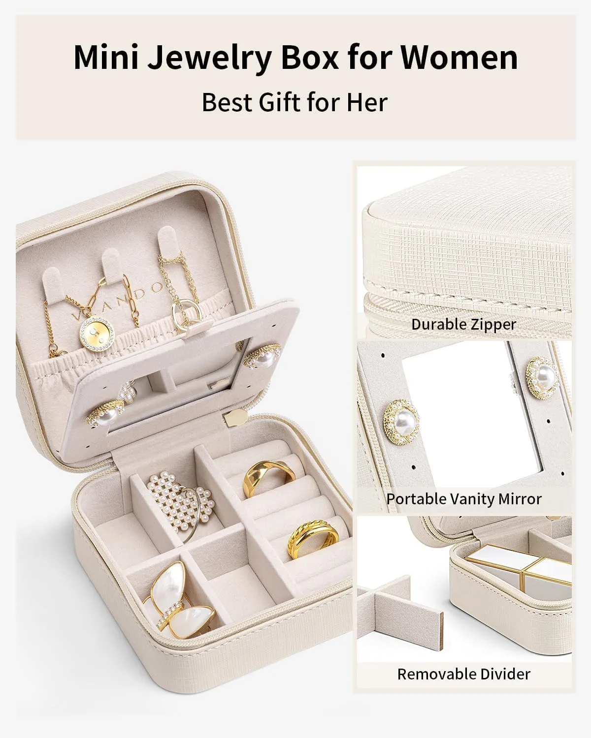 Vlando Small Travel Jewelry Box Organizer - Display Case for Girls Women Gift Rings Earrings Necklaces Storage with Mirror Milky White
