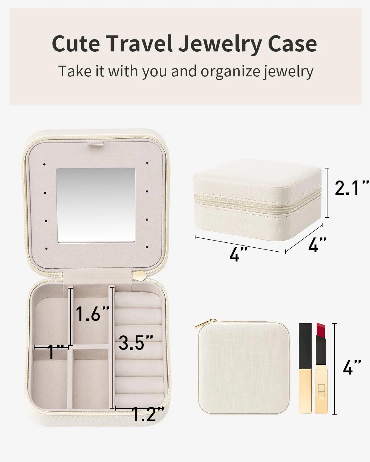 Vlando Small Travel Jewelry Box Organizer - Display Case for Girls Women Gift Rings Earrings Necklaces Storage with Mirror Milky White