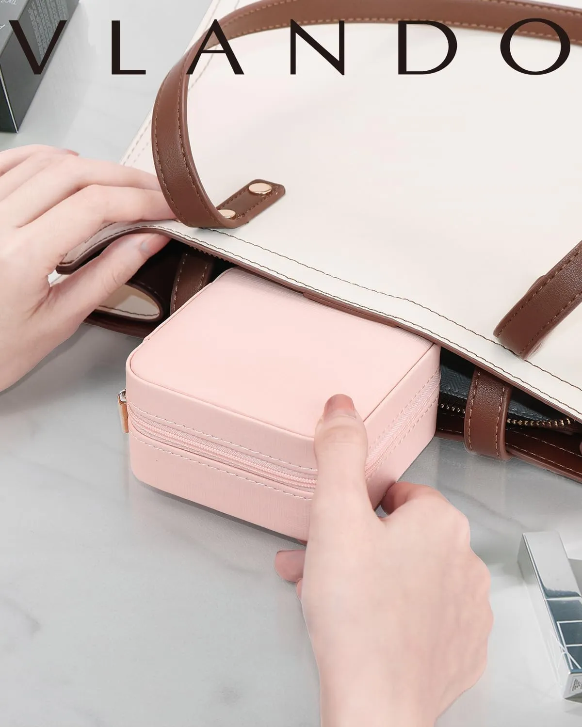 Vlando Small Travel Jewelry Box Organizer - Display Case for Girls Women Gift Rings Earrings Necklaces Storage with Mirror Milky White