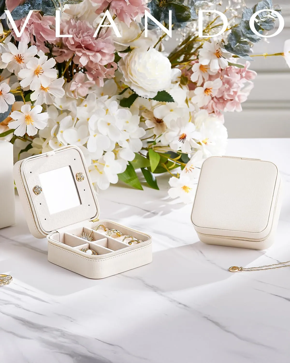 Vlando Small Travel Jewelry Box Organizer - Display Case for Girls Women Gift Rings Earrings Necklaces Storage with Mirror Milky White