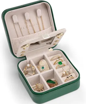Vlando Small Travel Jewelry Box Organizer - Girls Women Gift Rings Earrings Necklaces Jewelry Storage Display Case with Mirror Dark Green